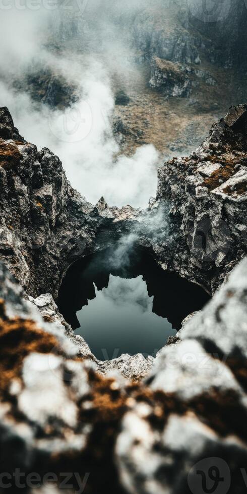 Steam rises from volcanic crater with reflective water in eerie landscape photo