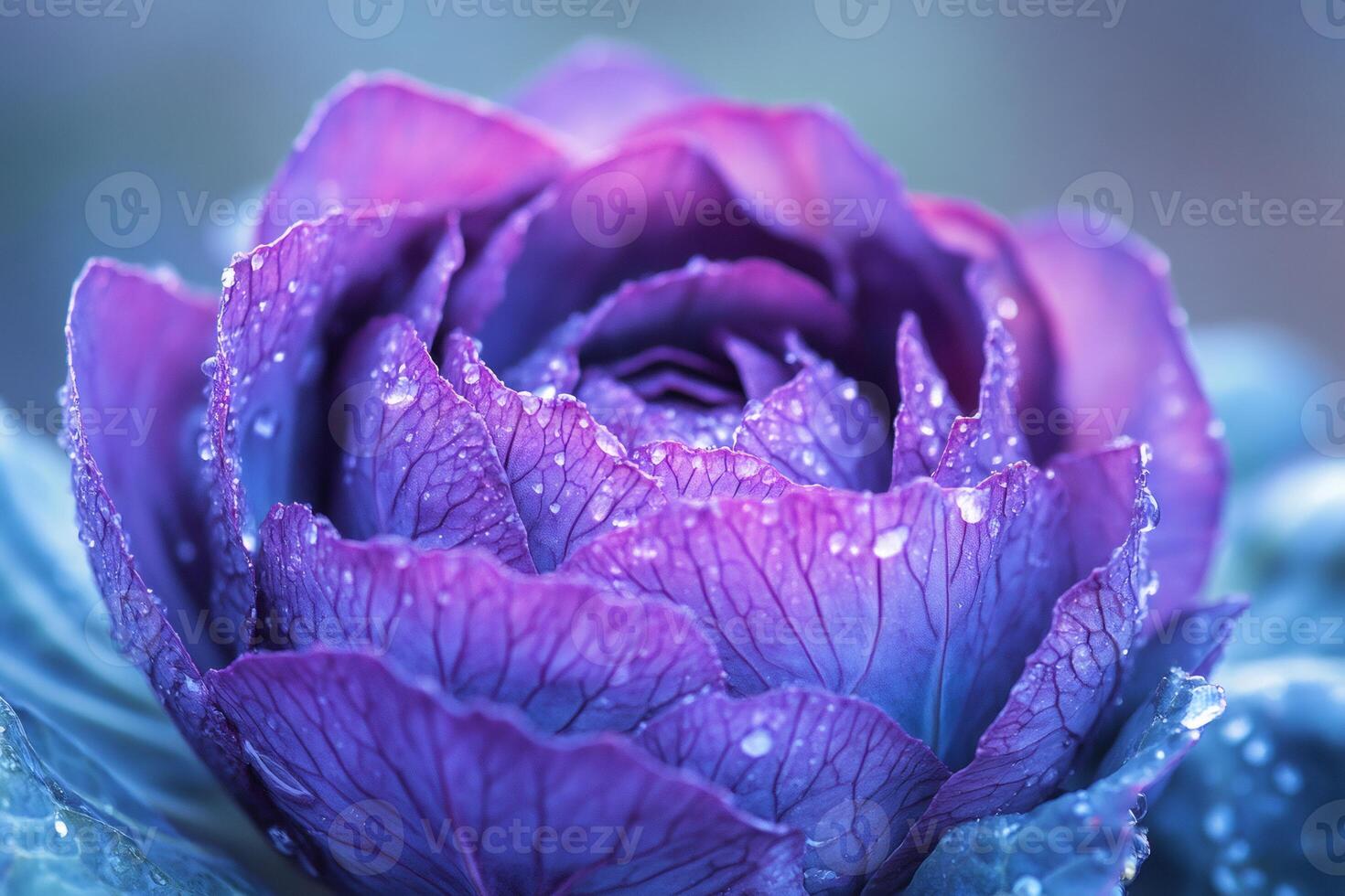 Purple ornamental cabbage blooming in garden with water drops photo