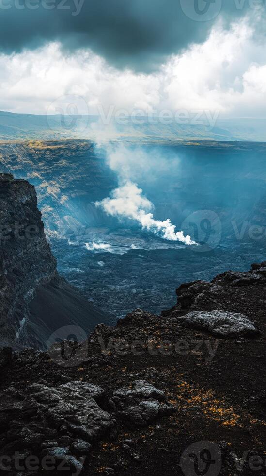 Scenic view of an active volcano emitting smoke in a dramatic landscape photo
