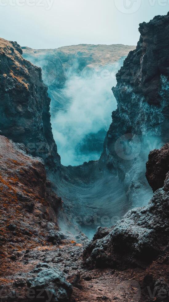 Breathtaking view of a volcanic crater surrounded by misty landscape photo