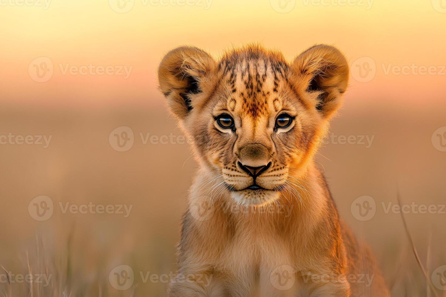 Lion cub sitting in the african savanna at sunset photo