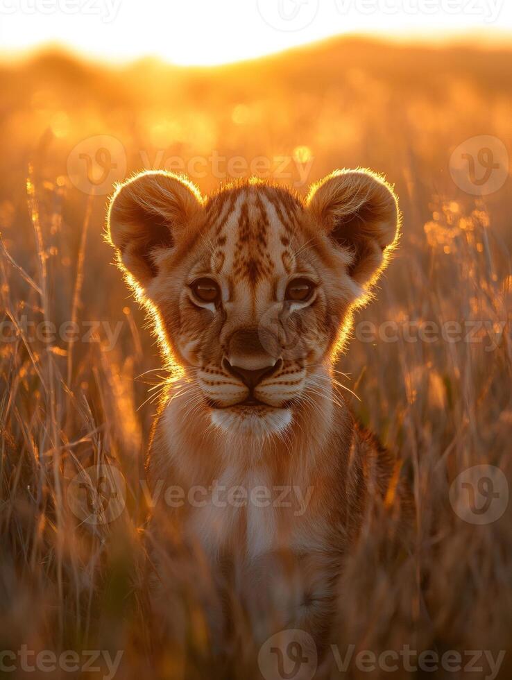 Lion cub emerging from tall grass at sunset in african savanna .. photo