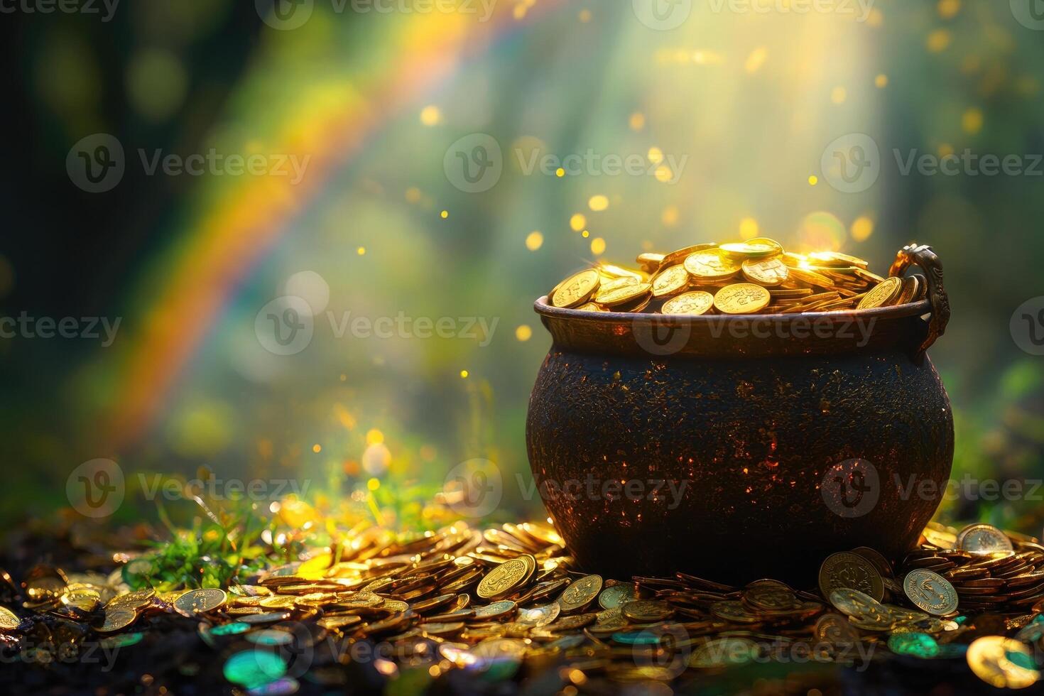 Pot of gold with rainbow in the background, representing luck and fortune photo