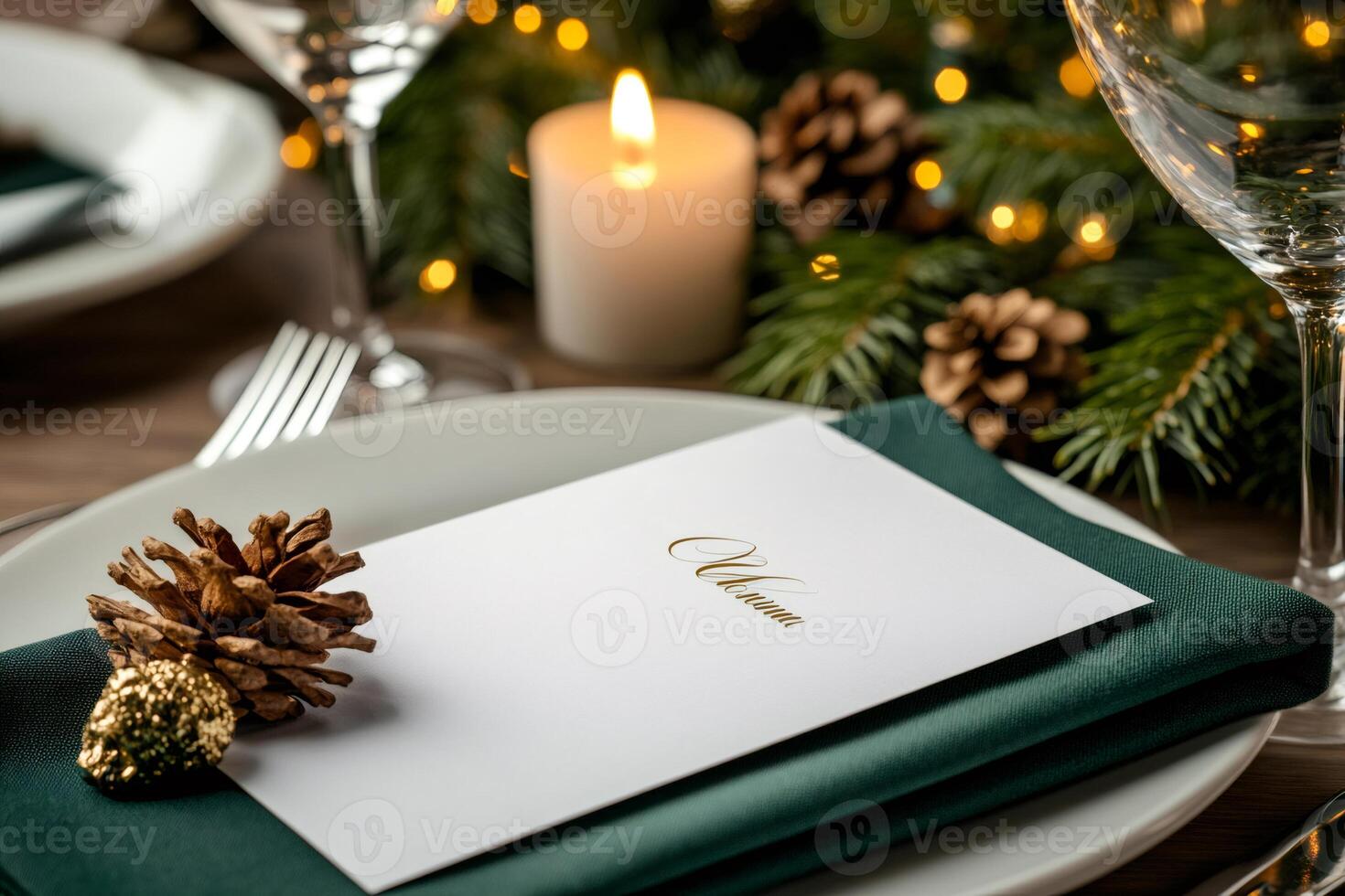 Christmas menu decorated with pine cone on festive table setting photo