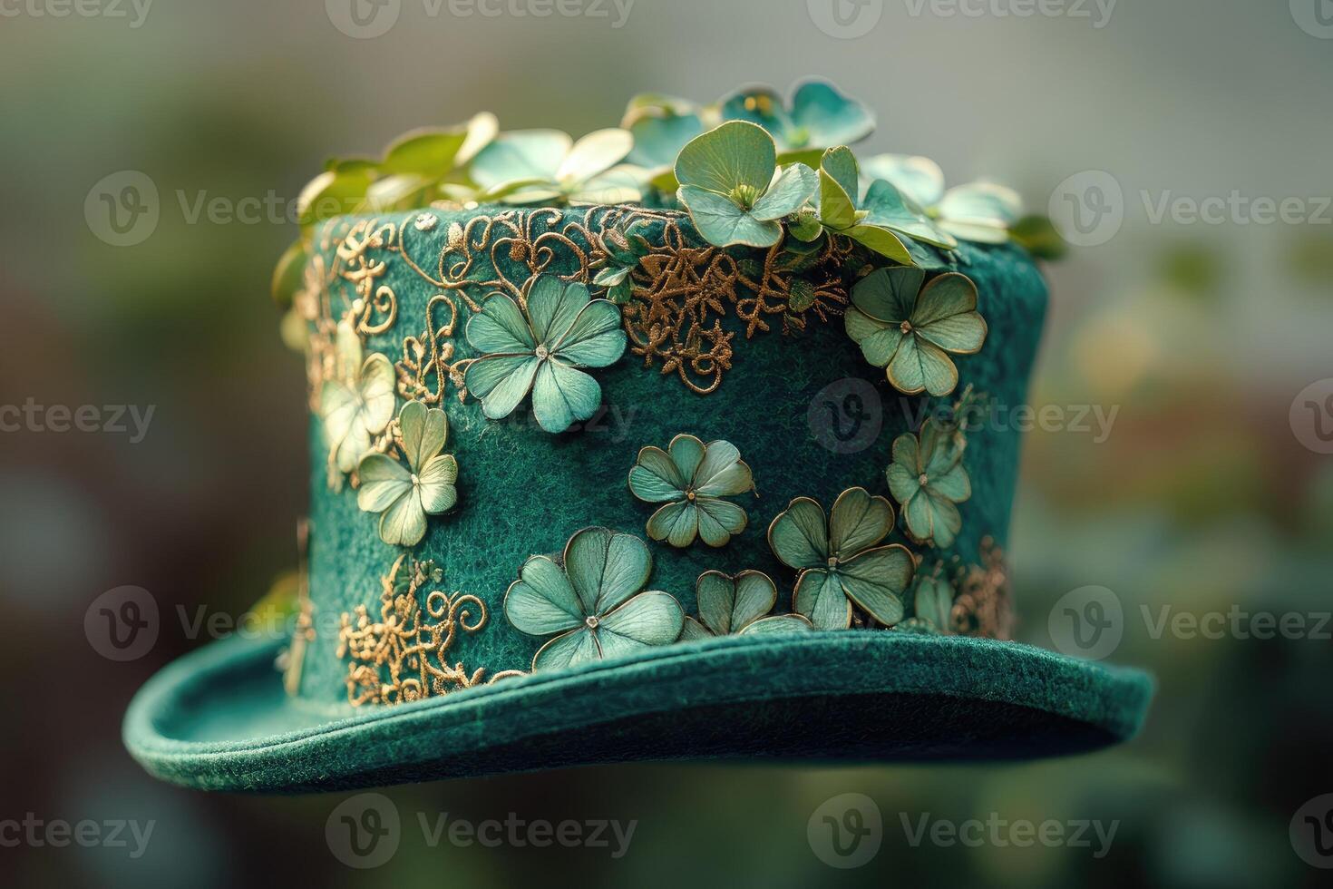 Elegant green top hat decorated with flowers and golden embroidery floating in air photo