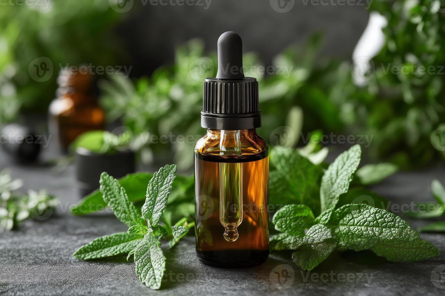 Bottle of essential oil surrounded by fresh herbs on dark stone surface photo