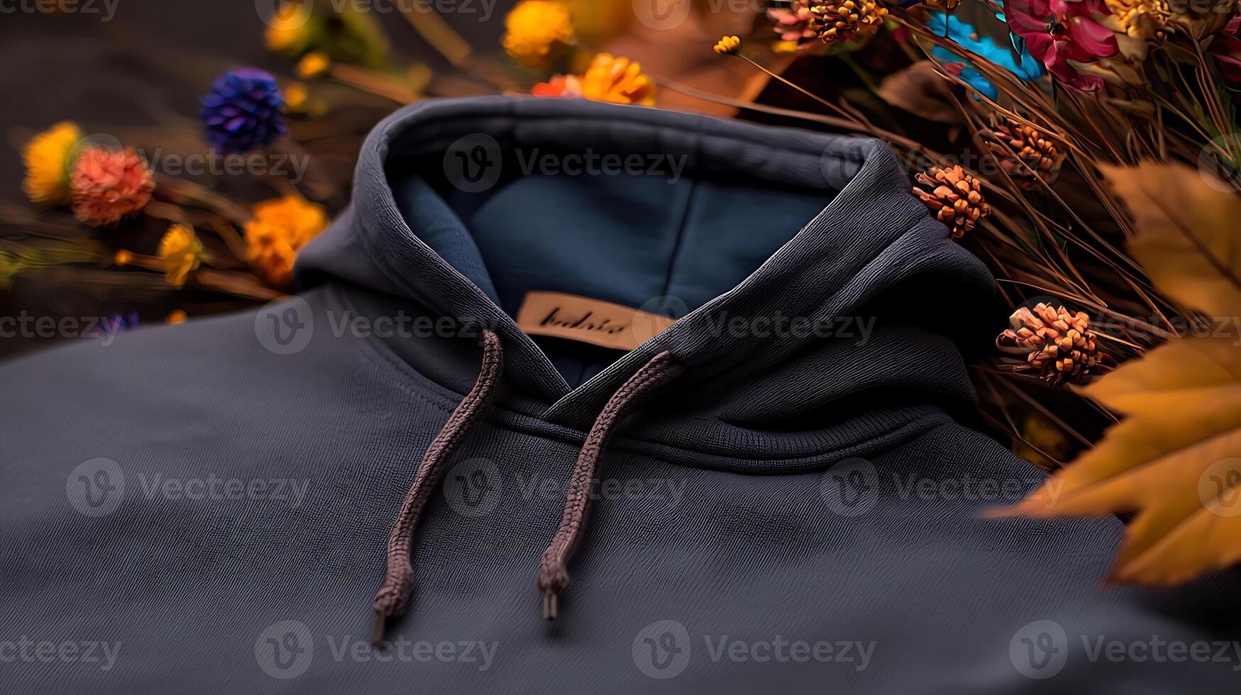 Cozy hooded sweatshirt displayed on a bed of colorful autumn leaves and flowers, creating a warm atmosphere photo