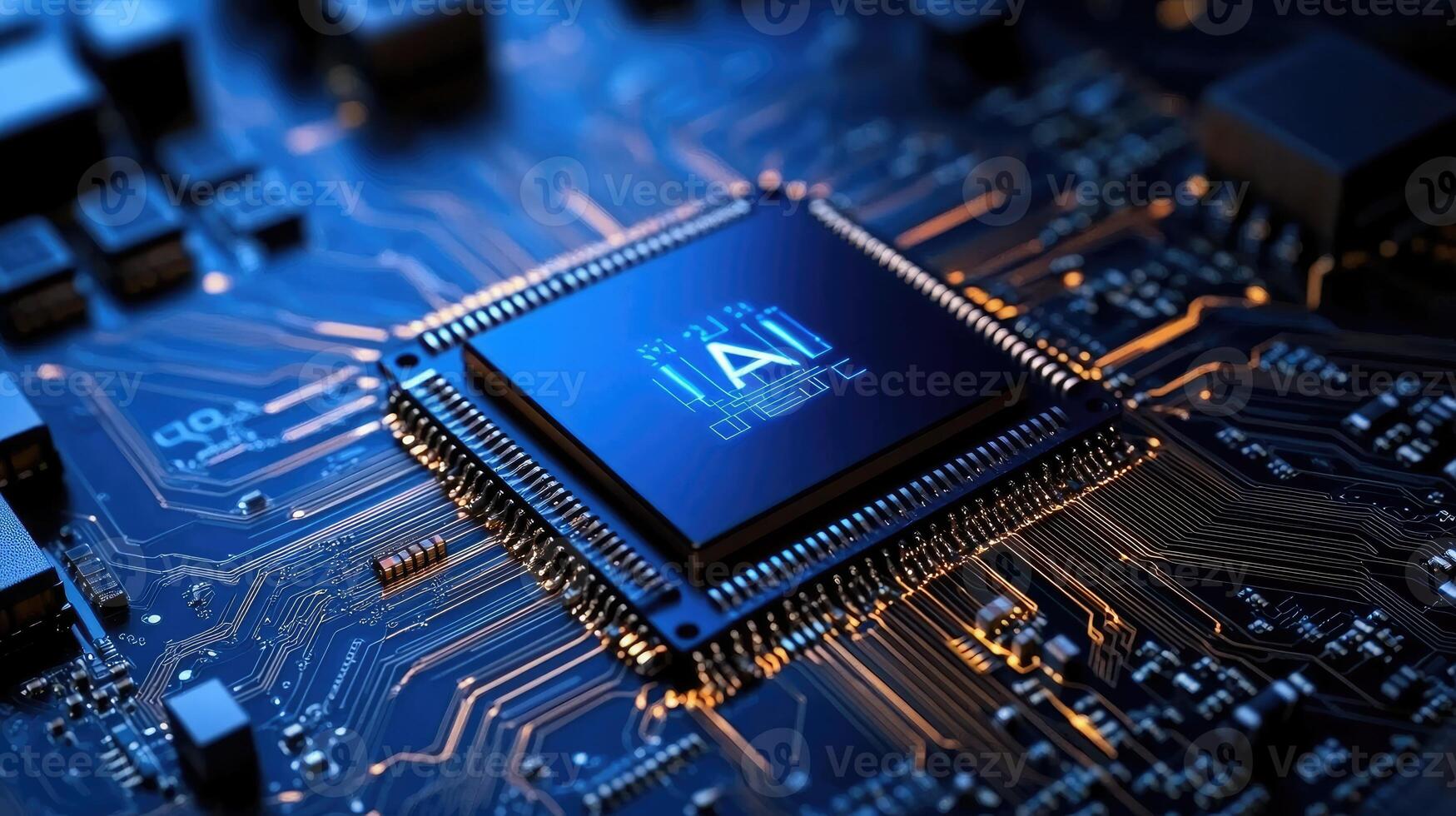 Artificial intelligence microchip powers futuristic circuit board technology photo