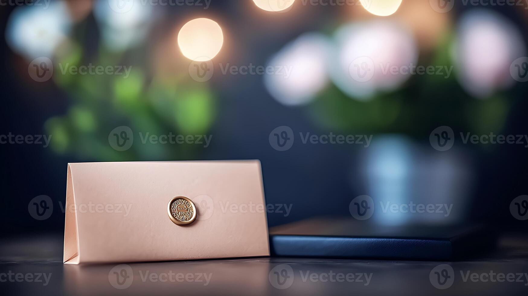 Elegant envelope with wax seal placed on a wooden table, soft bokeh lights and flowers in background photo