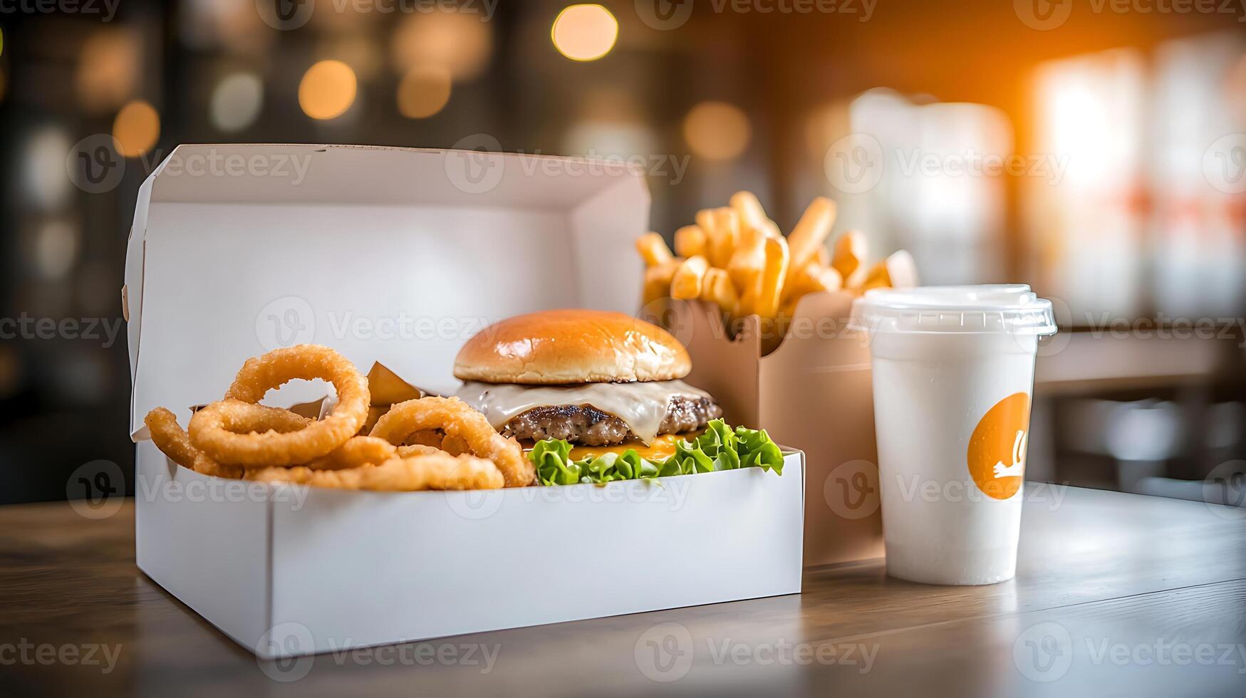 Delicious burger, crispy fries, and onion rings in takeout box with drink on wooden table photo