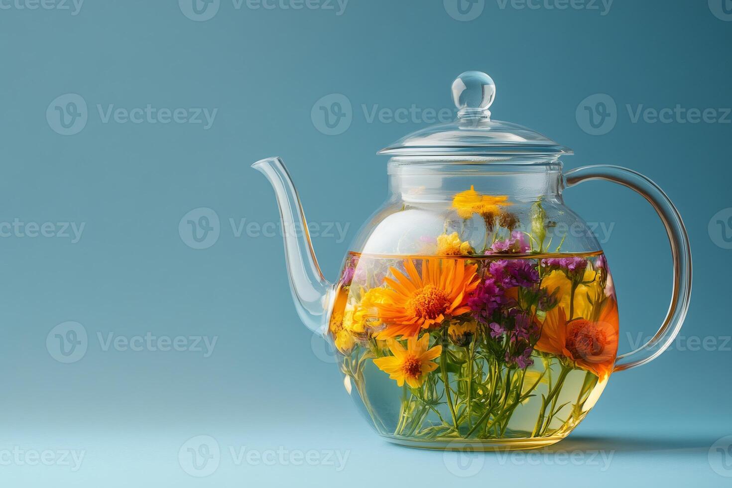 Transparent teapot with various colorful flowers infused in hot water photo