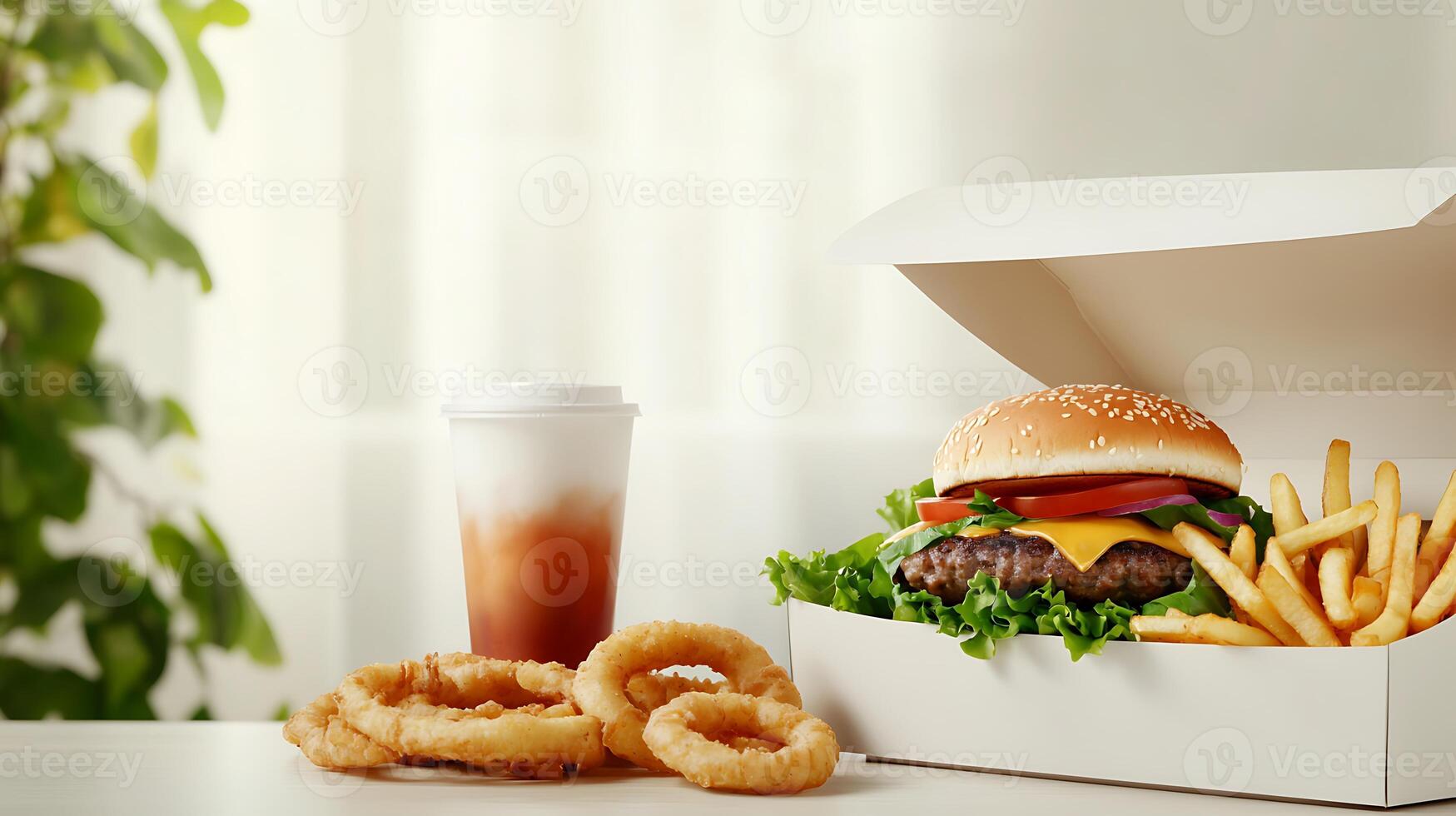 Delicious burger with cheese, lettuce, and tomato served with fries and onion rings in a bright setting photo