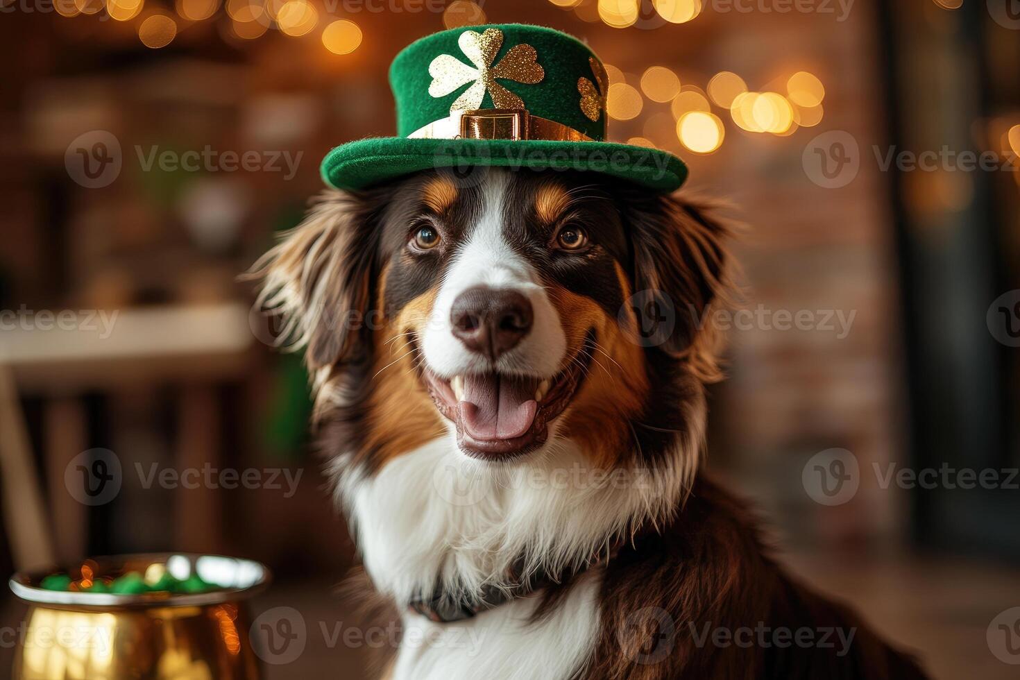 Australian shepherd dog wearing green leprechaun hat celebrating saint patrick's day photo