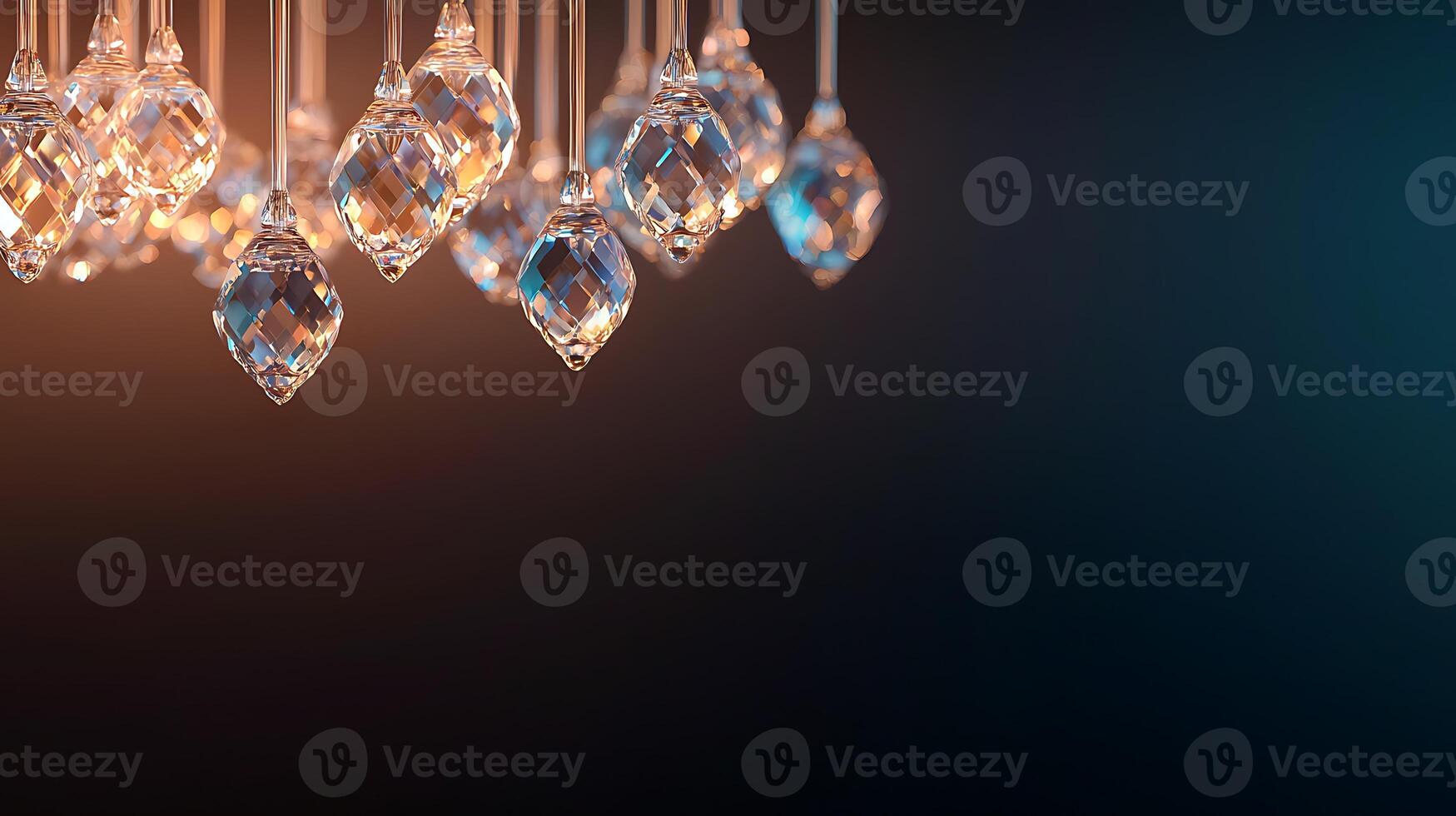 Elegant crystal chandeliers hanging against a soft gradient background, creating a warm ambiance photo