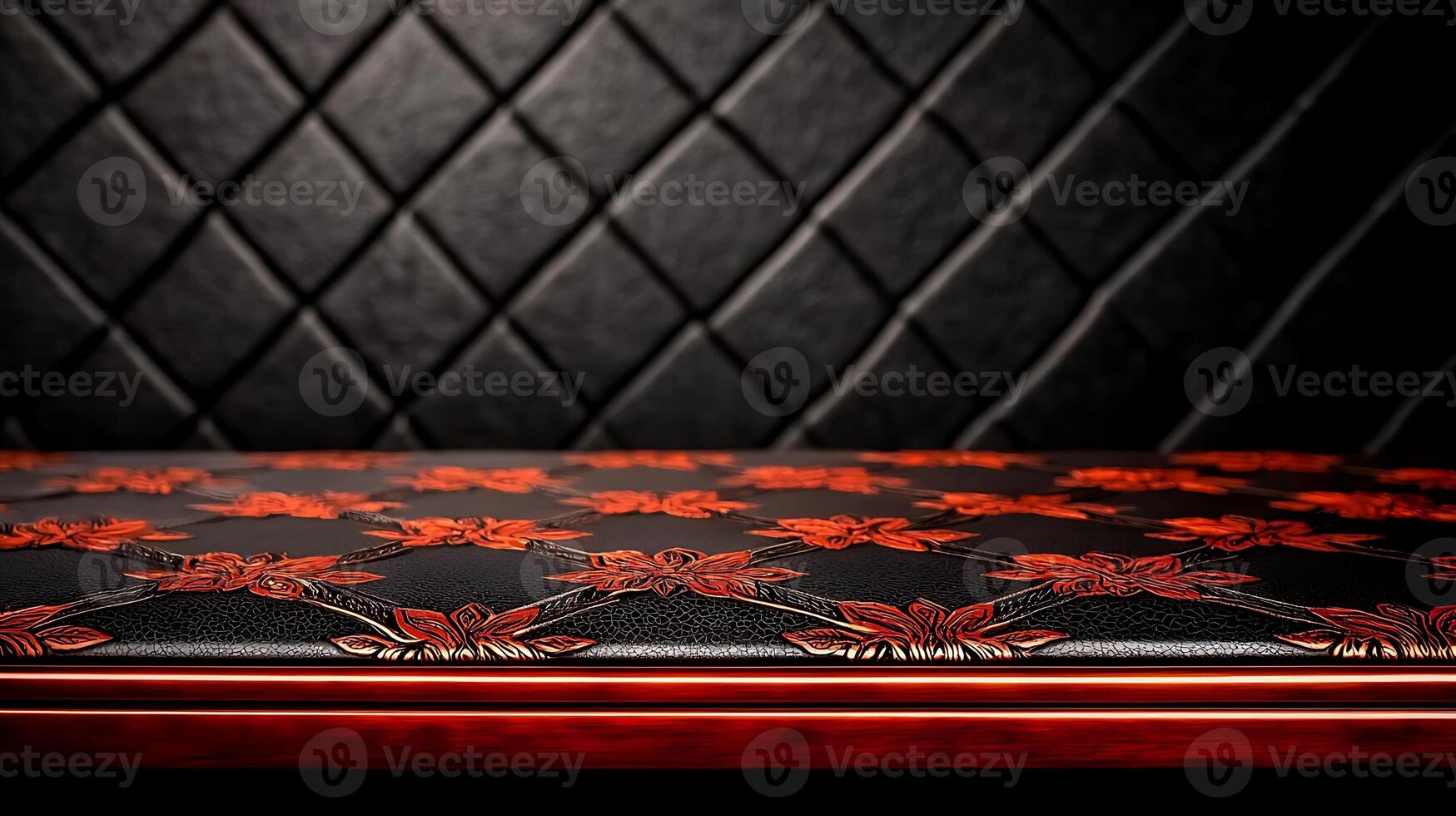 Elegant black and red patterned table surface against a textured wall backdrop in a stylish setting photo