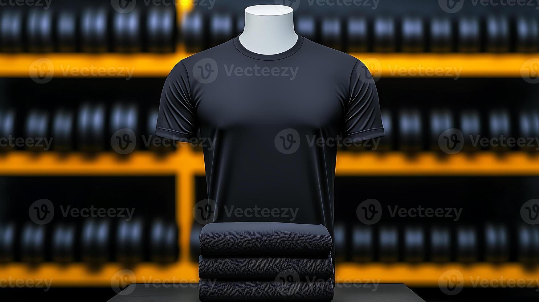 Display of a black t-shirt on a mannequin with folded shirts in a fitness store, weights in background photo