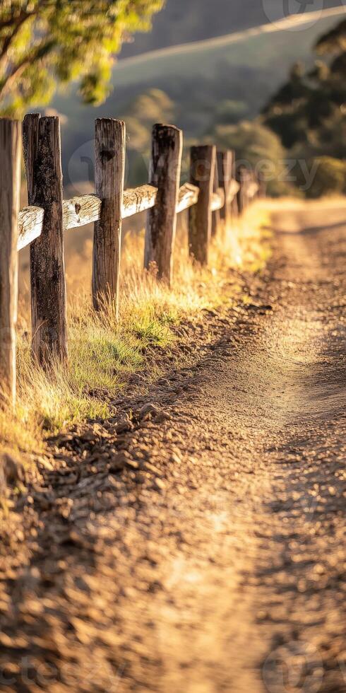 Sunlit dirt road winding through a serene countryside landscape photo