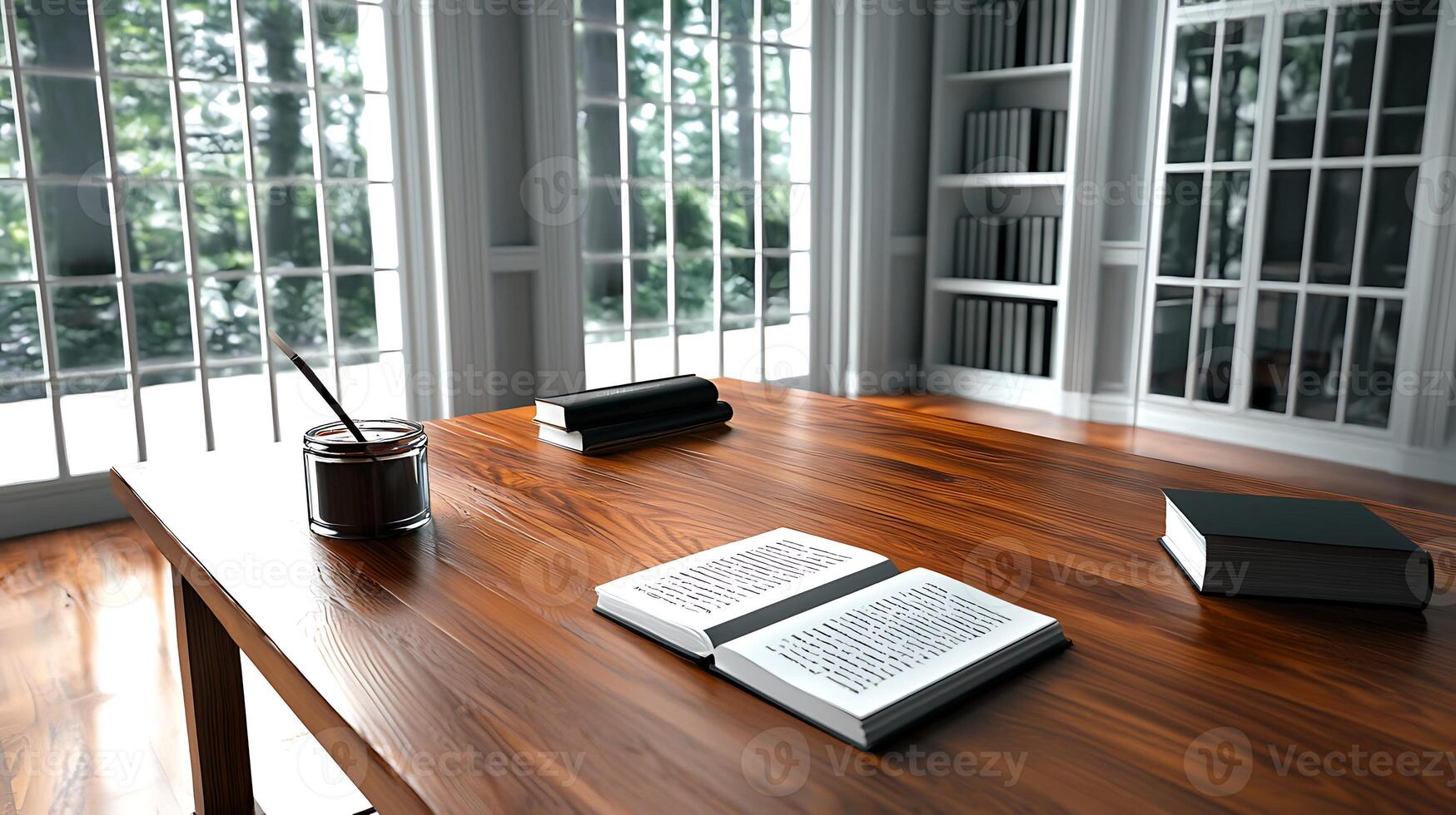 Cozy reading nook with wooden table, open books, and sunlight streaming through large windows photo