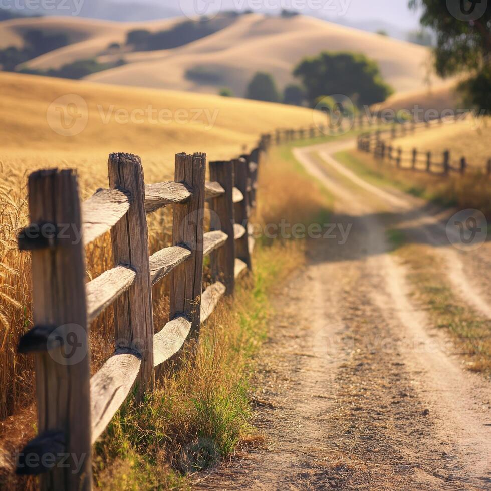Exploring a tranquil dirt road winding through golden fields and hills photo