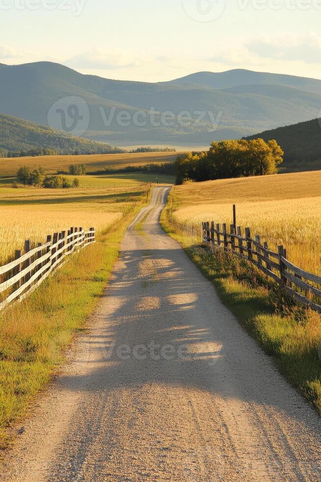 Dirt road winding through fields with mountains in the background during sunset photo