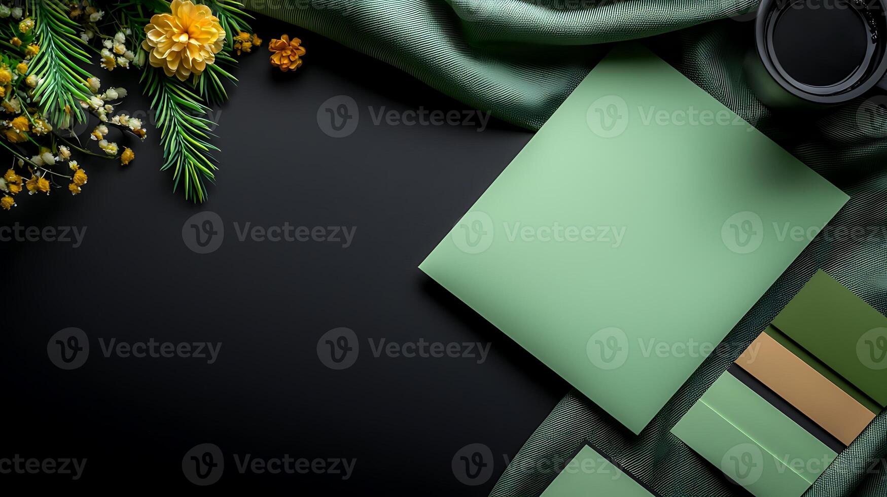 Elegant flat lay of green stationery with floral accents on a dark background, ideal for branding photo
