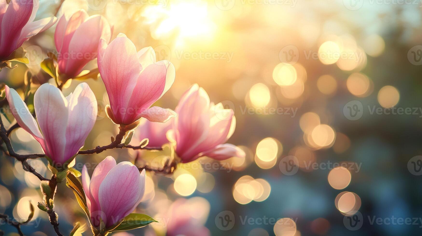 Blooming magnolia flowers at sunset creating a beautiful bokeh effect photo