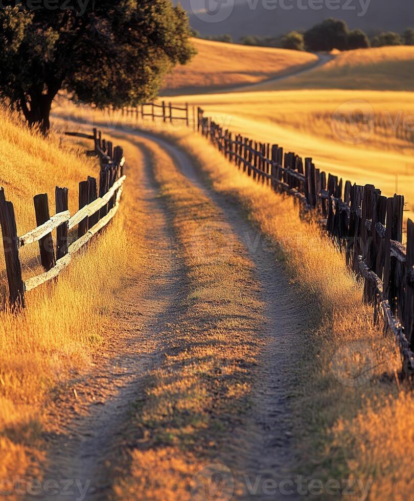 Winding dirt road through golden fields under warm afternoon light photo