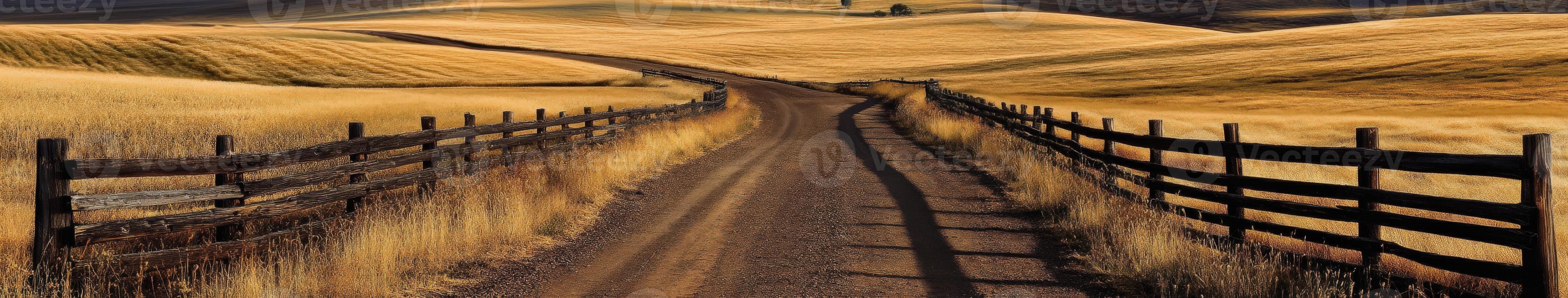 A dirt road leads to a fence in the middle of a field photo
