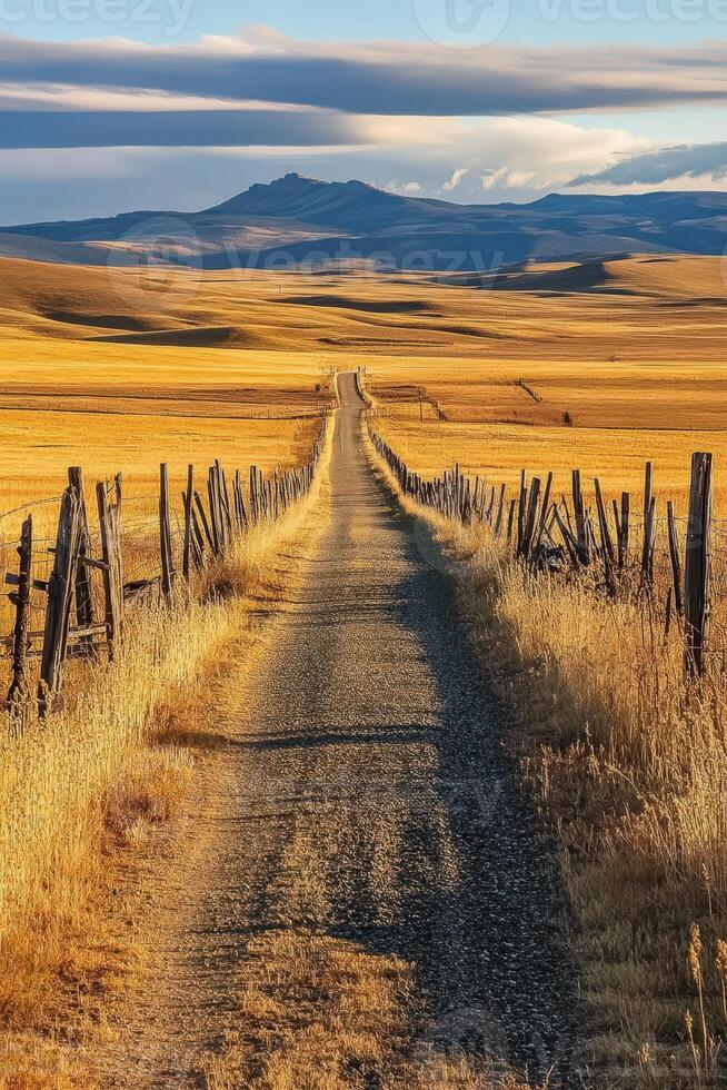 Expansive dirt road stretches through golden fields under a blue sky photo