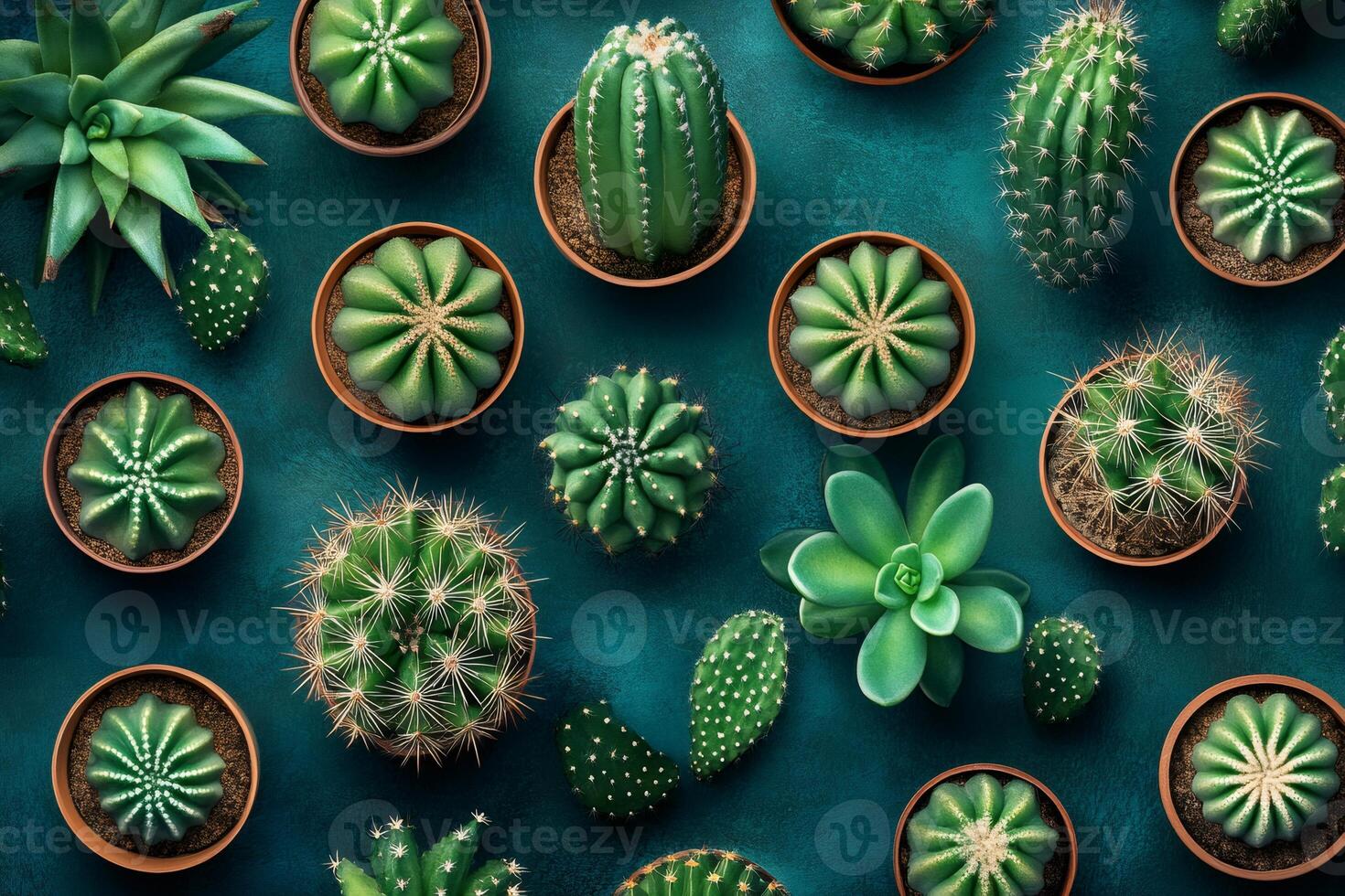 Potted cacti and succulents arranged on a teal background, creating a visually appealing pattern photo