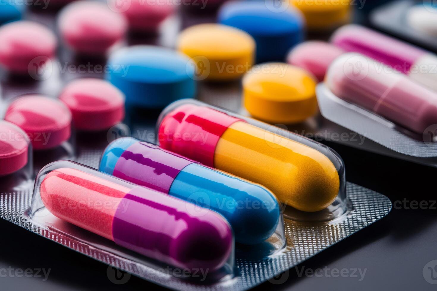 Colorful pills and capsules in blister packs creating vibrant medical pattern photo