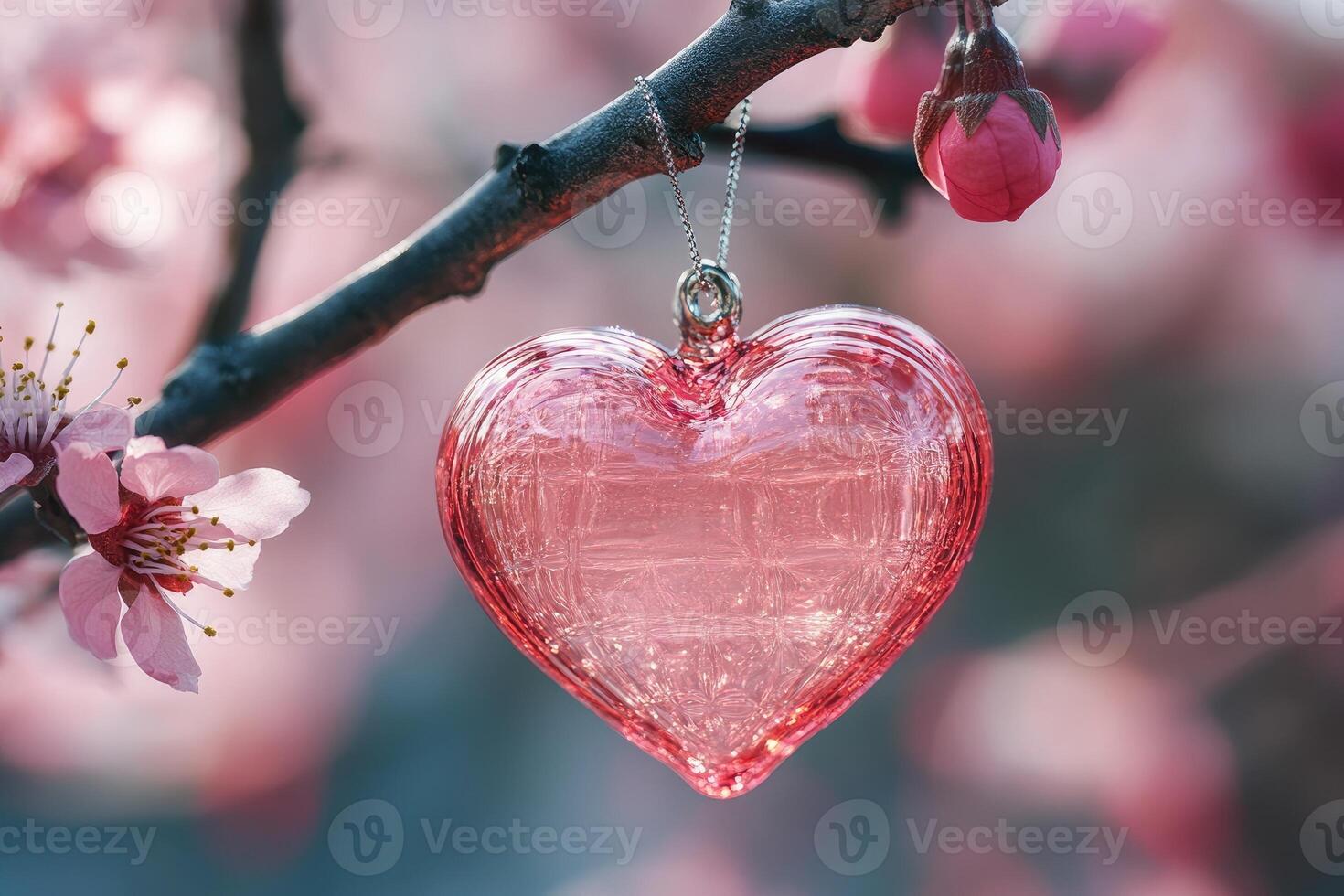 Pink heart hanging from a flowering tree branch symbolizing love and romance photo
