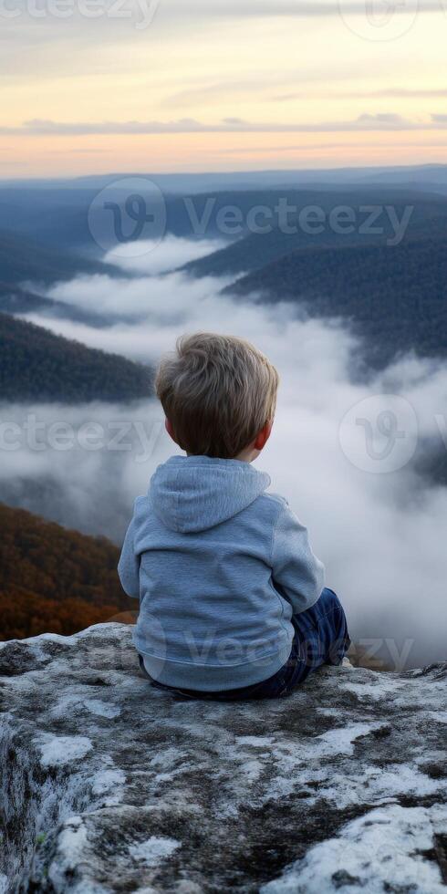 Child gazes at sunset over mountains photo