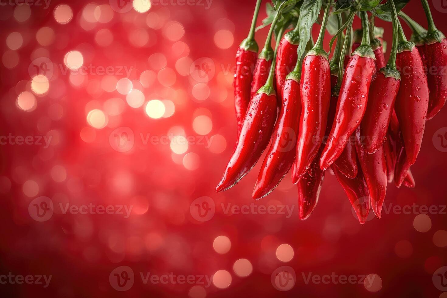 Red chili peppers hanging on a red bokeh background photo