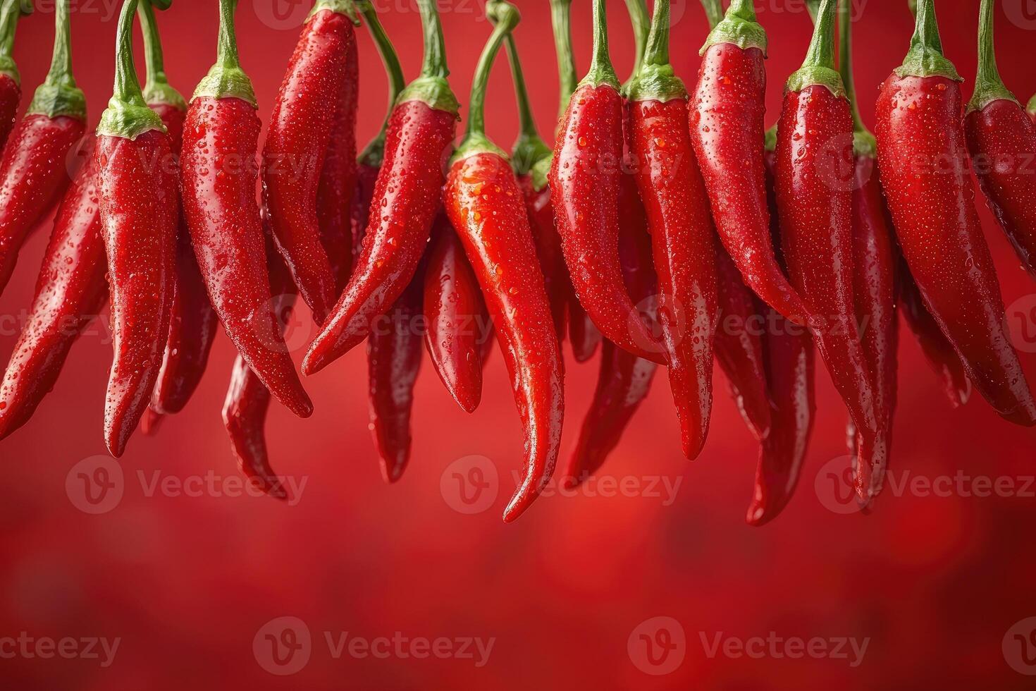 Red chili peppers hanging and drying with water droplets on red background photo