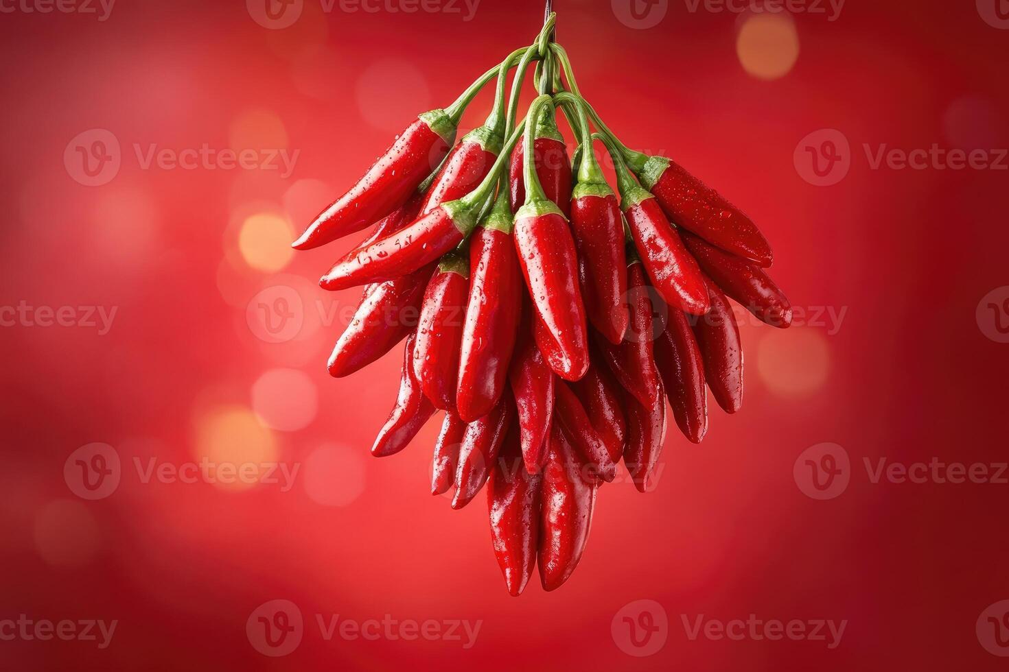 Red chili peppers hanging on branch with blurred background photo