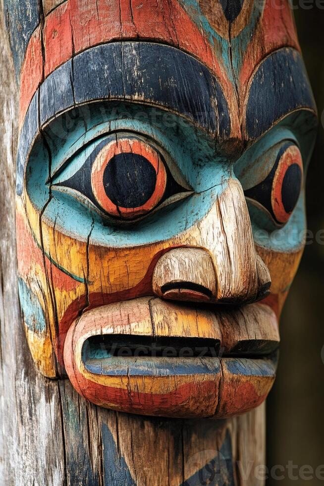 Traditional totem pole showing colorful carvings of native american art photo