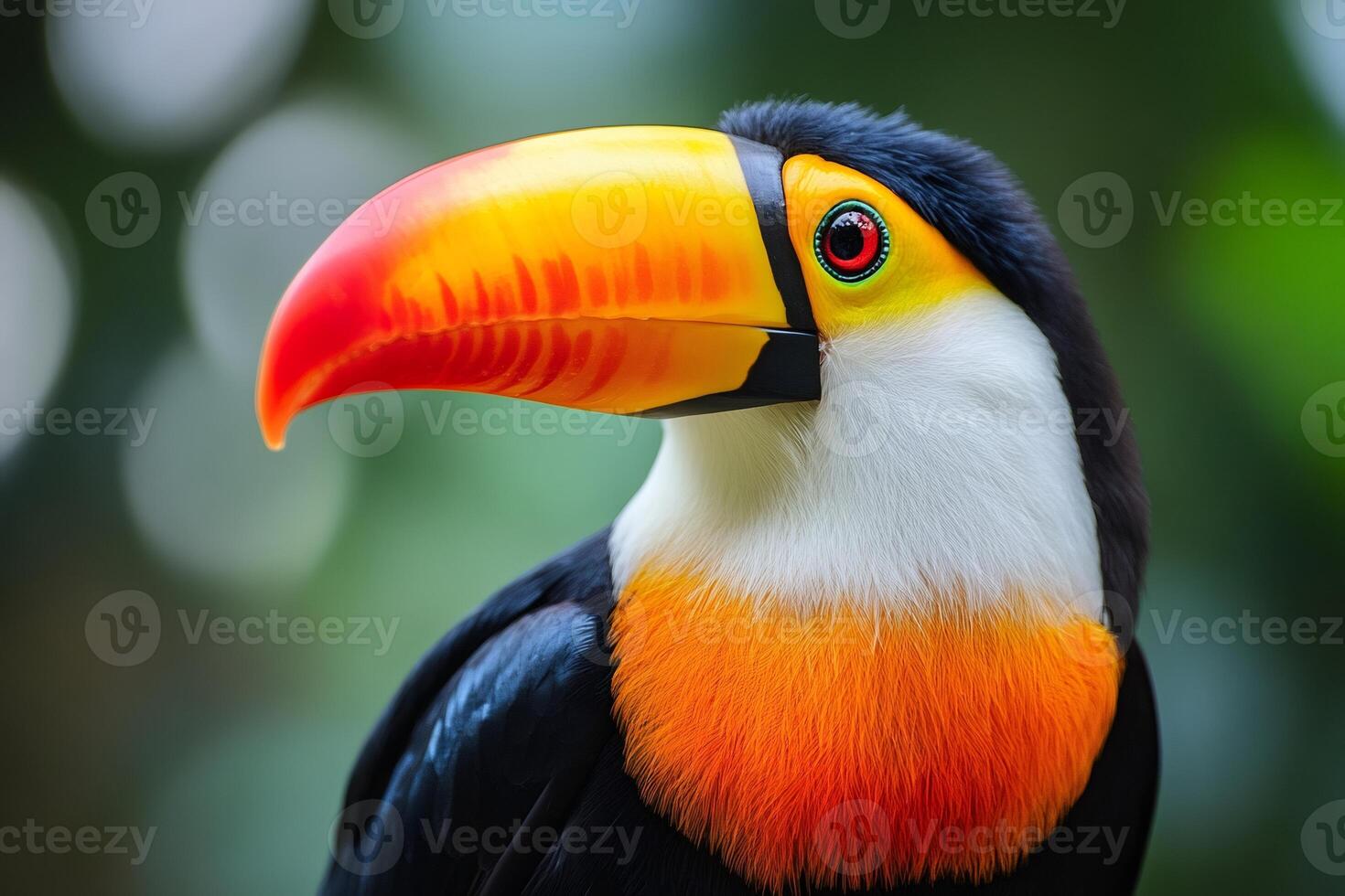 Channel billed toucan showing its colorful beak in the jungle photo