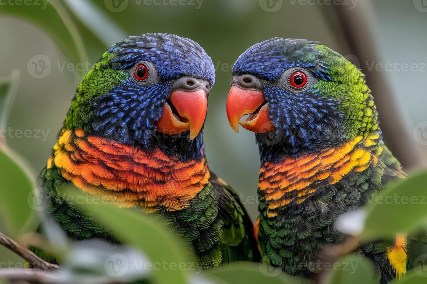 Two rainbow lorikeets interacting on a branch photo