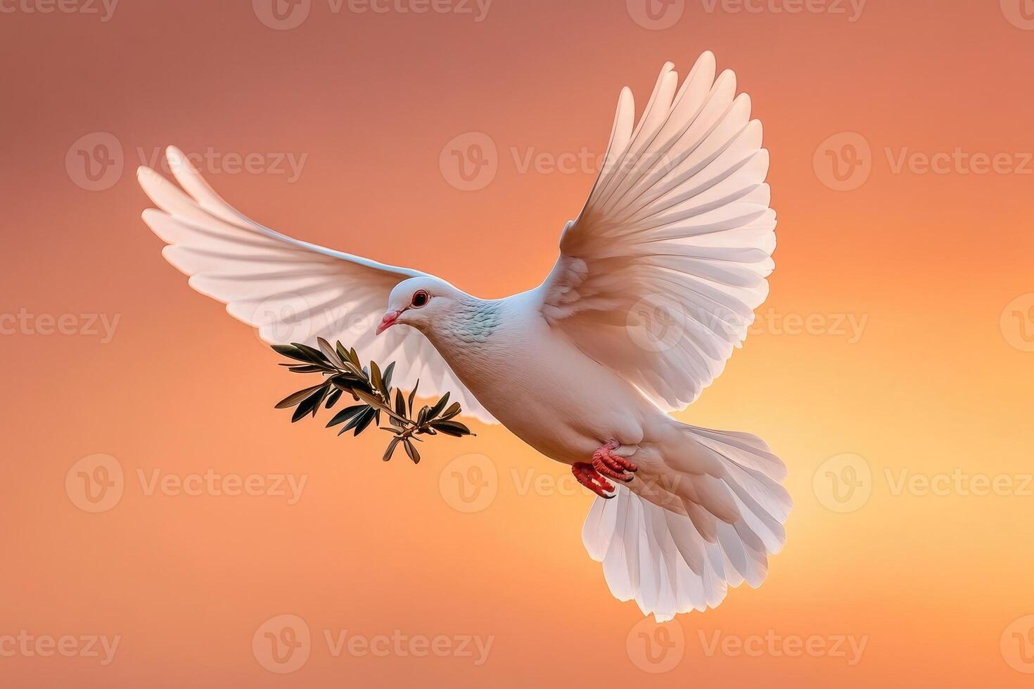 White dove flying and holding olive branch at sunset, symbol of peace and hope photo