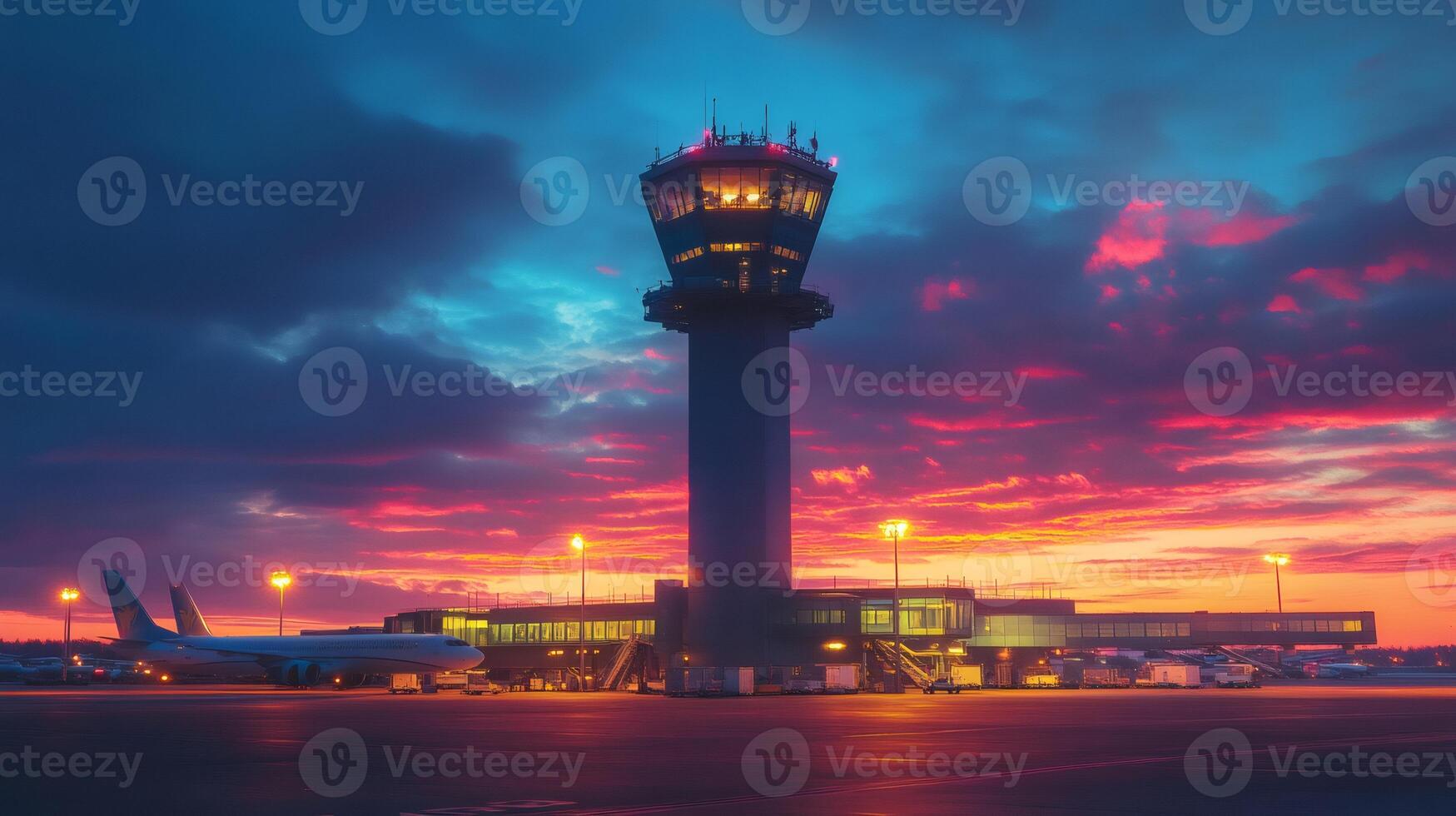 Airplane waiting for takeoff under the control tower at sunset photo