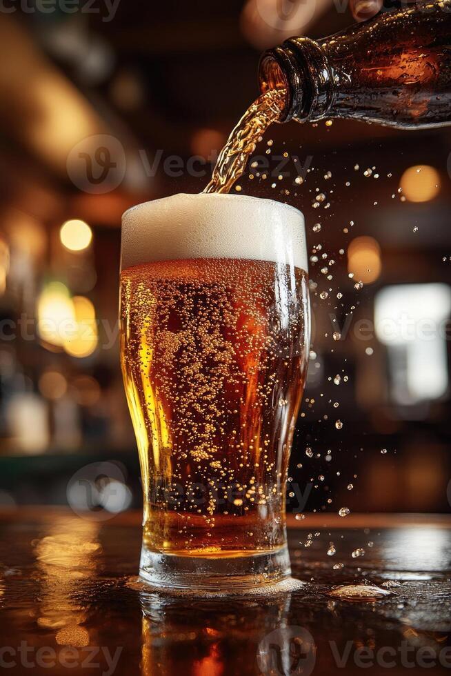 Bartender pouring beer into glass in pub with blurred background photo