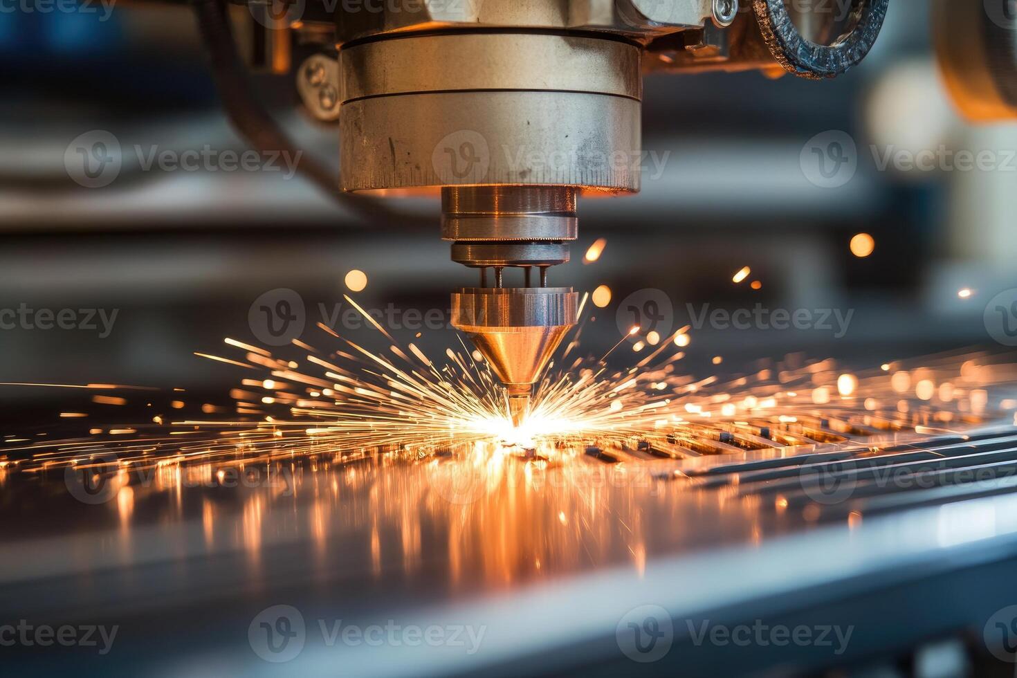 Laser cutting machine engraving metal with sparks flying photo