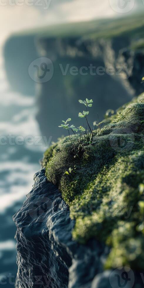 A small plant growing on the edge of a cliff photo