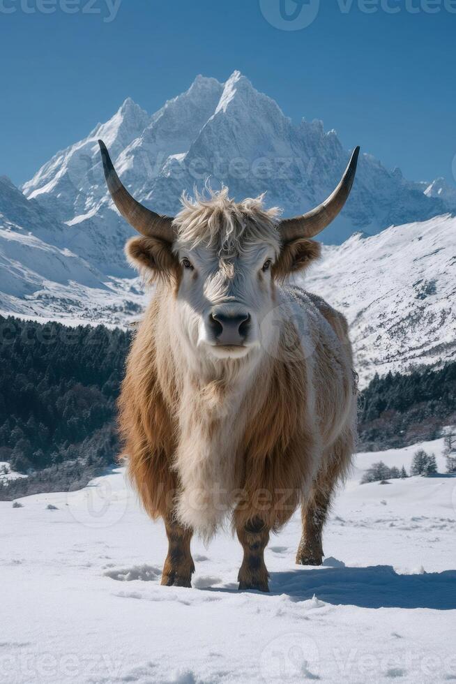 Highland cow standing in snow with majestic mountain backdrop photo
