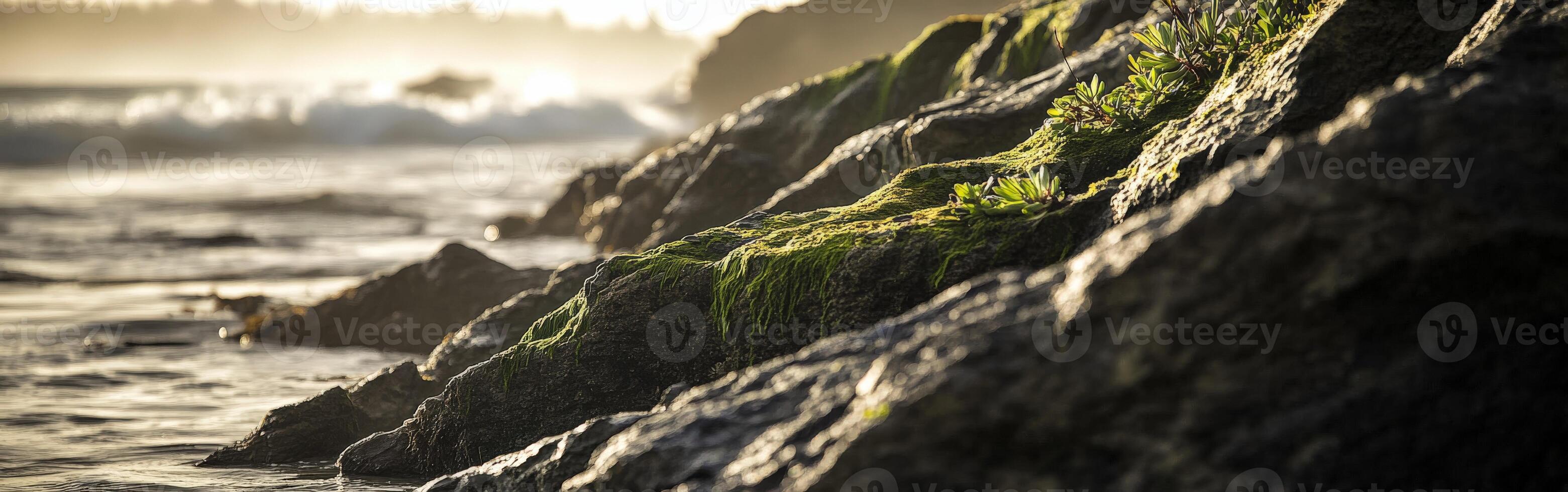 A rocky shoreline with moss growing on it photo