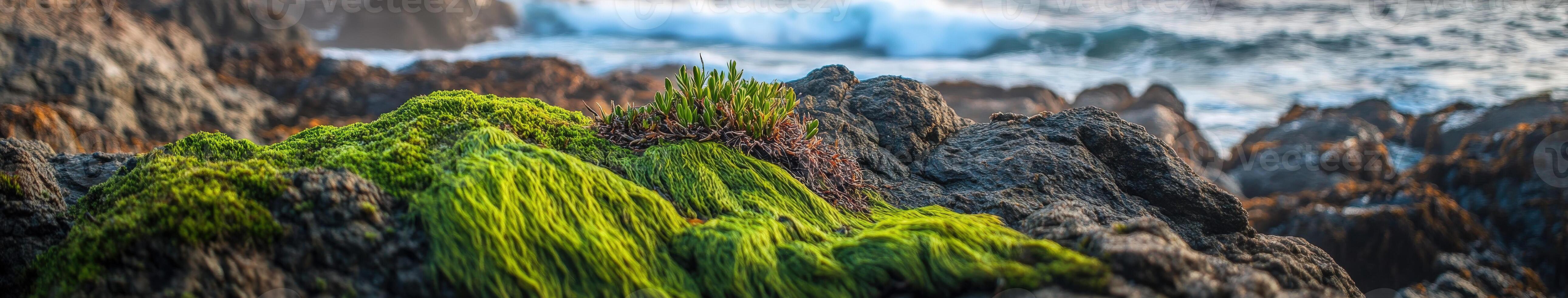 Lush green moss on rocky coastline photo