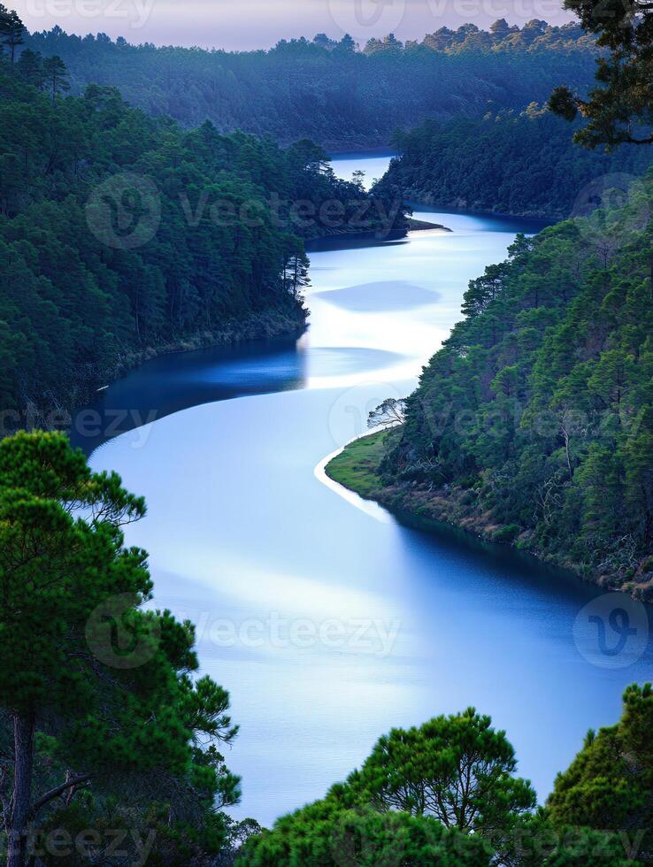 Serene river winding through lush hills photo