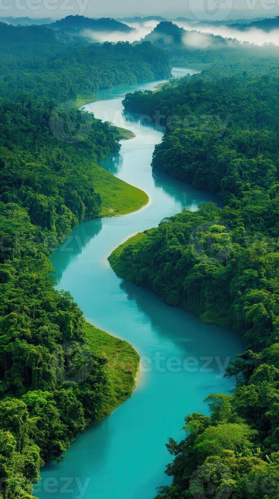 Serene river winding through lush green forest photo