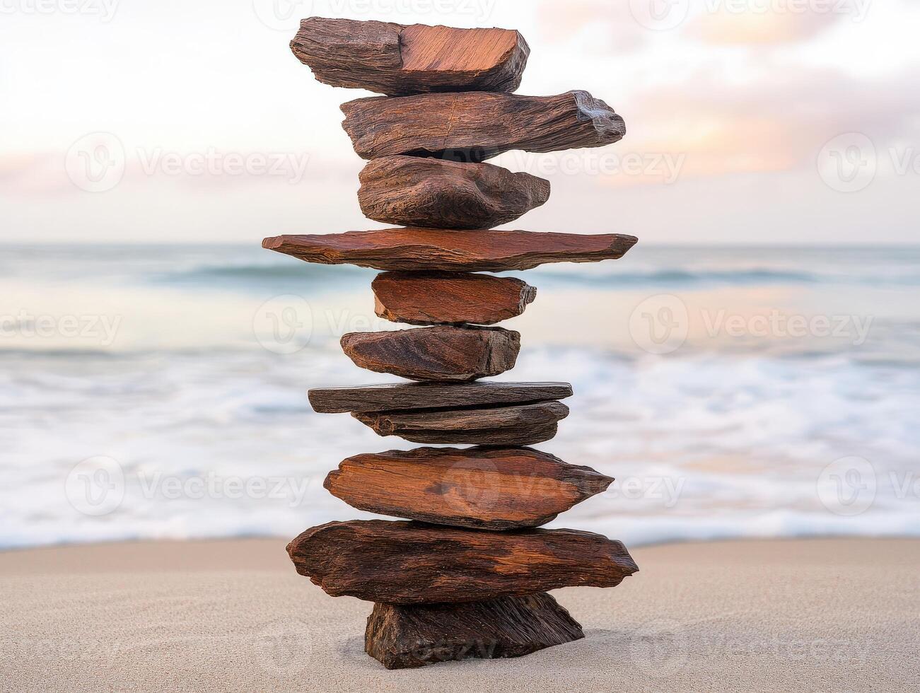 Balancing stones create tranquil beach art photo